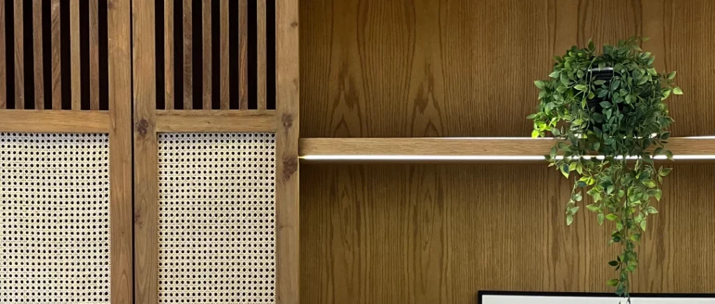 Detalle de estantería de madera con planta, representando el diseño de interiores que refleja la personalidad y bienestar